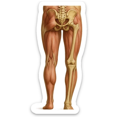 Edit the image to depict an inhibited leg (shorter than the other), in a medical anatomical style, posterior view, hyperrealism, with no background. Variation 2. sticker