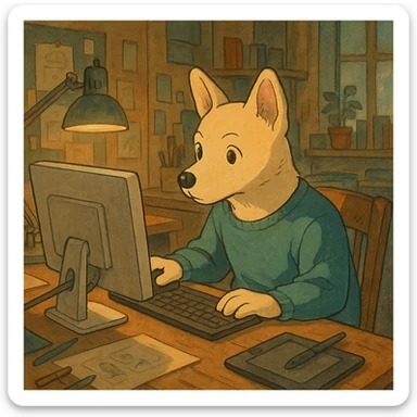 ghibli style light dog graphic designer, focused at a computer, artistic atmosphere sticker