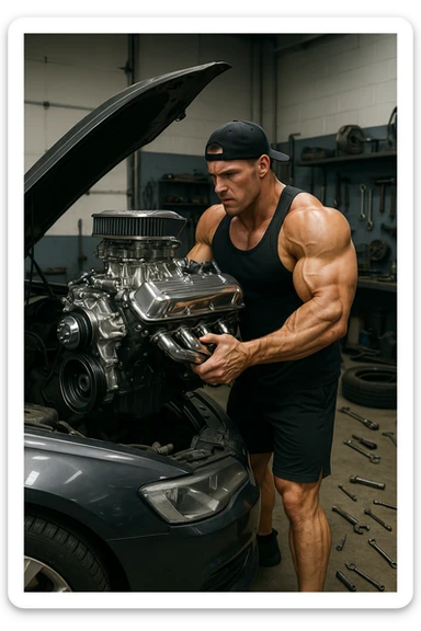 a muscular bodybuilder in gym attire stands next to a car with the hood open, lifting a large, shiny, high-performance engine with ease. His expression is focused and determined as he installs the new engine. The background is a modern garage, with tools and car parts scattered around, emphasizing strength and mechanical skill. sticker