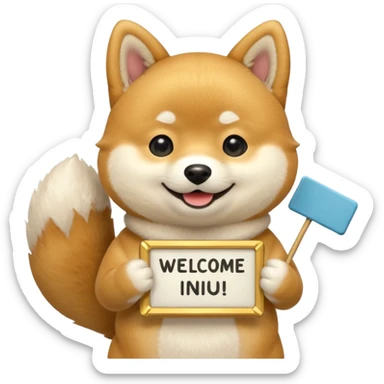 shiba holds welcome sign bigger then himself sticker
