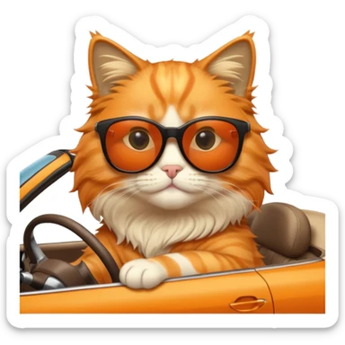 Orange fluffy cat with sunglasses driving a car sticker
