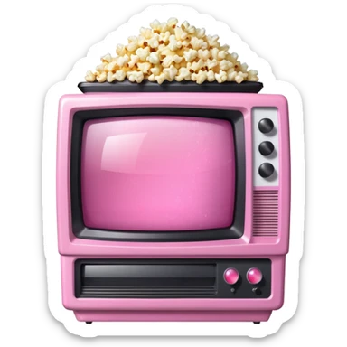 front view of transparent sparkly pink shiny CRT TV sitting on top of pink VCR, with pink/white rhinestone bucket of popcorn beside it sticker