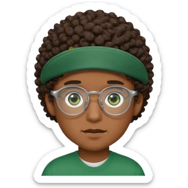 Garçon brun avec une coupe casquette, des cheveux bouclés, des yeux verts foncés et des lunettes rectangulaires transparentes sticker