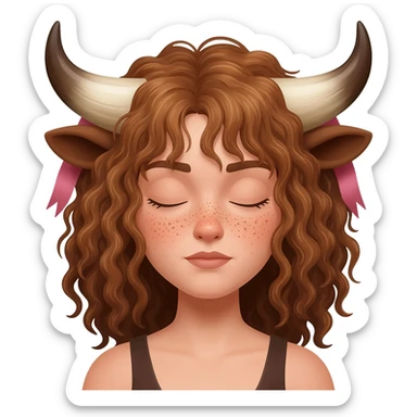 buff curly woman with freckles with messy light brown bangs covering the eyes with cow horns and cow brown ears with ribbon in her hair sticker