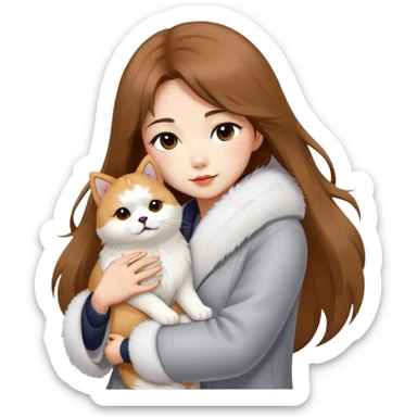 A Chinese fashion pretty girl with brown hair, wearing a light gray fur coat, hugging a Shiba Inu and a long-haired white Persian cat. sticker