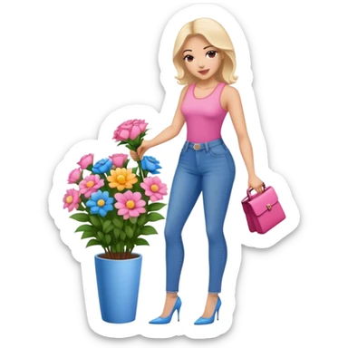 Make her building a flower bouquet in a pink top and jeans and heels sticker