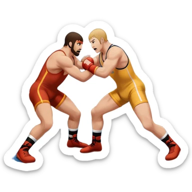 An icon showcasing two wrestlers engaged in a dynamic free wrestling match. The athletes are in mid-action, one attempting a takedown while the other defends. The background features a wrestling mat, and the fighters wear traditional singlets. Transparent background  sticker