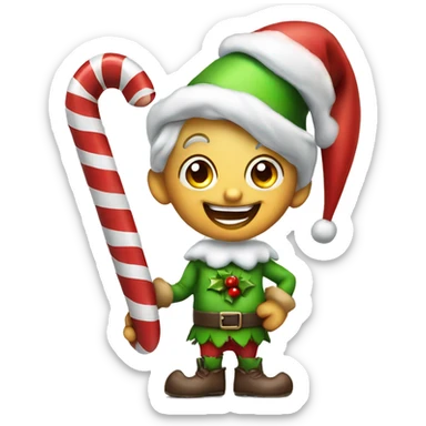 Naughty Christmas elf with candy cane and happy face sticker