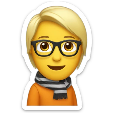 yellow penguin with black glasses blonde hair with orange tshirt and gray striped scarf sticker