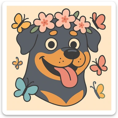 Add butterflies fluttering around the rottweiler with a cherry blossom flower crown, keep the original style and colors sticker