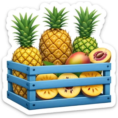 pineapples, mango and passion fruit in a blue crate sticker