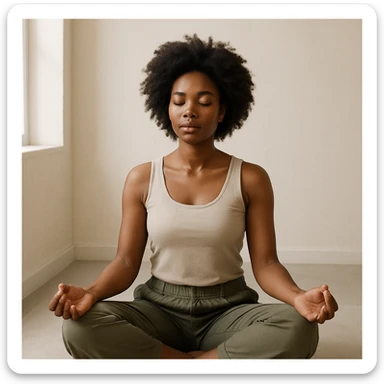 realistic style portrait of a black woman meditating, in a minimalist interior with natural light sticker