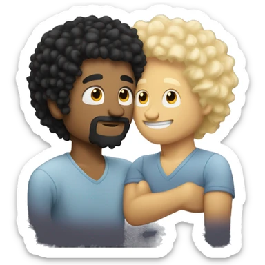 guy with black curly hair kissing a guy with blonde fluffy hair sticker