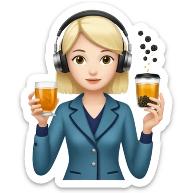 a young woman full length walks with headphones on with a caviar toast in one hand and herbal tea in the other hand sticker