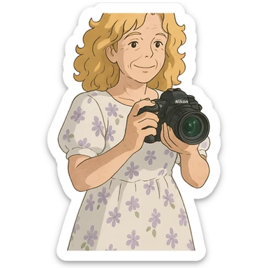 chica rubia de rulos de 50 años con cámara Nikon y vestido largo blanco con flores lilas, estilo ghibli sticker
