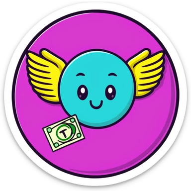 Minimalist sticker with white 'tt' letters on a black circle with cyan, magenta, and yellow dots below, money with wings emoji with street style influence sticker