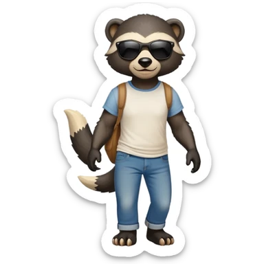friendly anthropomorphised honey badger in jeans and a t-shirt, wearing sunglasses, walking upright, relaxed pose sticker