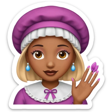 A emoji with a bonnet and lashes and nails sticker