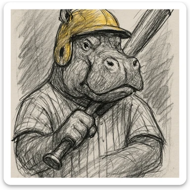 hippo holding a baseball bat, wearing a yellow helmet, pinstripes outfit sticker
