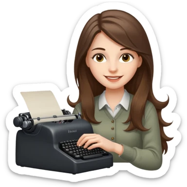 smiling white long brunette hair girl with hazel eyes typing on a typewriter sticker