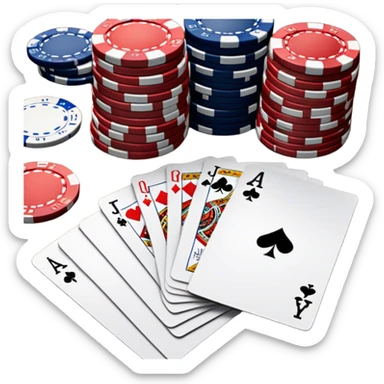 A photorealistic icon featuring playing cards, poker chips and a deck of cards spread out on a table. Bright, detailed design with realistic textures and lighting. Transparent background, clearly symbolizing card games and strategy. sticker