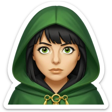 claudia winkleman with a heavy fringe and a fake tan as a traitor with a green hooded cloak with a gold clasp and dark black eyeliner sticker