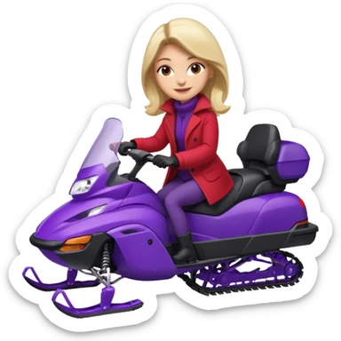 Woman wearing red coat  on purple snowmobile sticker