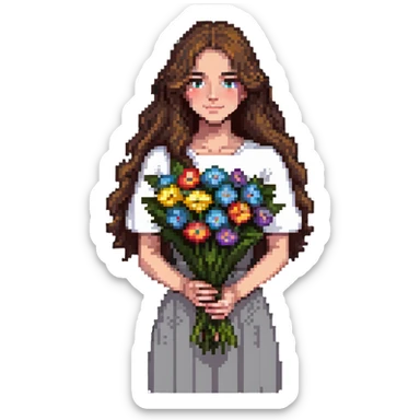 Cool girl with long brown hair holding a bouquet of flowers sticker
