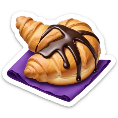 There's a croissant with chocolate syrup on a purple napkin sticker