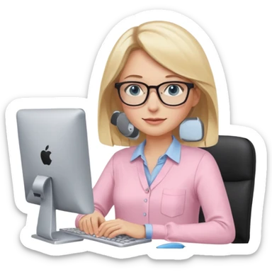 redattrice editoriale. Bionda, capelli lisci biondo scuro, lunghezza media. Occhi azzurri/blu con occhiali. è al pc a lavorare. Indossa una camicetta rosa chiaro sticker