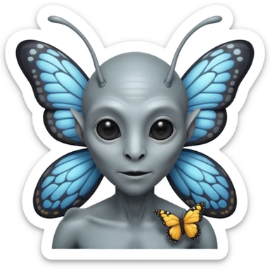 an standard grey alien with seperate a butterfly on shoulder sticker