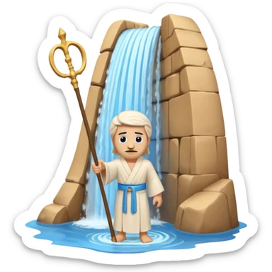 iOS-style 3D emoji: parted sea forming two high curved water walls, with a small figure of Moses in the middle holding a raised staff, standing on dry ground. sticker