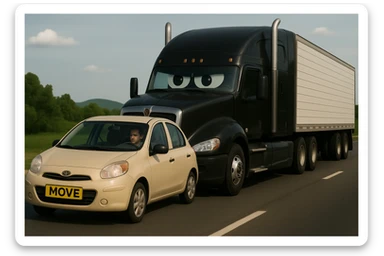 Remove the year 2026 from the black truck, add a visible person inside the car in front, keep the truck black and the rest of the scene the same. sticker