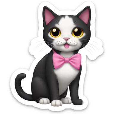 full body black shorthair cat with pink ears on the inside and yellow eyes, with a pink bow sticker