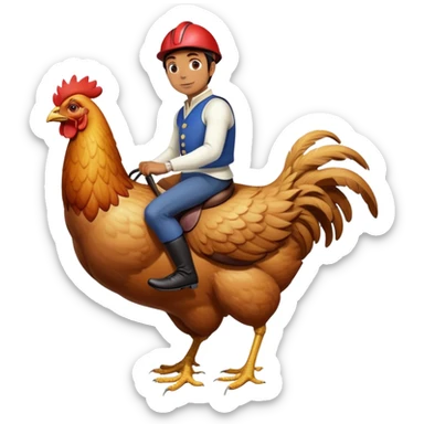 person riding a giant chicken like a jockey, funny meme, comical, human jockey on chicken sticker