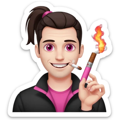 A white man with dark brown hair in a ponytail, oversized bloodshot pink eyes, grinning, smoking a long roll up sticker