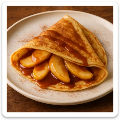 a French crepe with apple slices and caramel sauce, folded and garnished with cinnamon, photorealistic sticker