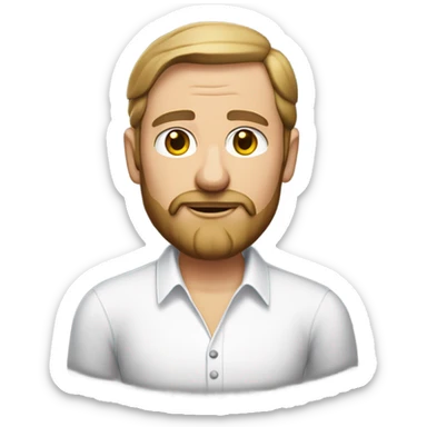 middle aged english man, short slicked back hair dark blonde, dark blonde medium length size full beard, wearing only a plain white smart shirt unbuttoned. sticker