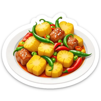 Sweet and Sour Pork with pineapple and bell peppers, simplified emoji style with bold outlines and bright colors, cartoon style Gu Lao Rou popular dish sticker