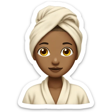 A girl using a beige towel on her head like a spa sticker