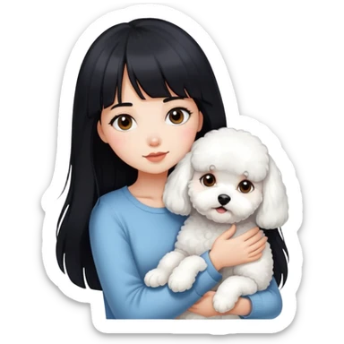 A beautiful girl with long black hair and bangs hugs a little Bichon Frise tightly sticker