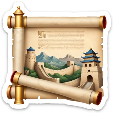 icon featuring an ancient scroll, quill pen with famous historical landmarks and monuments like the Great Wall and the Colliseum in the background. Historical figures are depicted as statues, symbolizing the study of history. Transparent background highlights the legacy of past civilizations. sticker