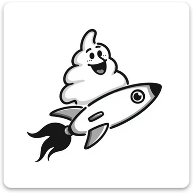 hand-drawn doodle of a turd with lipstick riding a rocket sticker