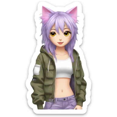Edgy cool shy beautiful pretty anime punk tomboy with cat ears techwear cargo pants hoodie sticker
