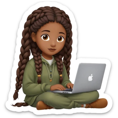 cute black girl with long braided hair, sitting at an Apple laptop, wearing cozy soft aesthetic clothing sticker