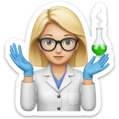 Eine hellblonde Chemikerin mit Kittel, Handschuhen großer Labor-Sicherheitsbrille und typischem Erlmeyerkolben in der Hand sticker