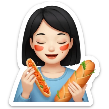 Girl black long hair eat kimchi close eyes baguette sticker