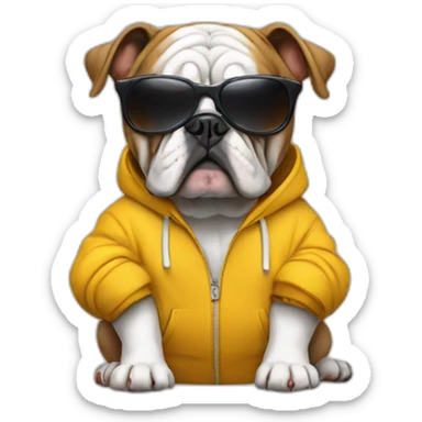 a bulldog wearing a hoody an has a sunglasses sticker