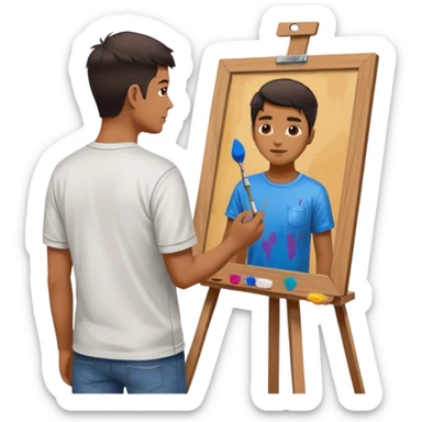 the artist stands with his back to the painting, painting a portrait sticker