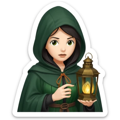 traitor tv show, dark haired woman wearing dark green cloak with hood up who looks very evil, is holding up a lantern, and looking down sticker